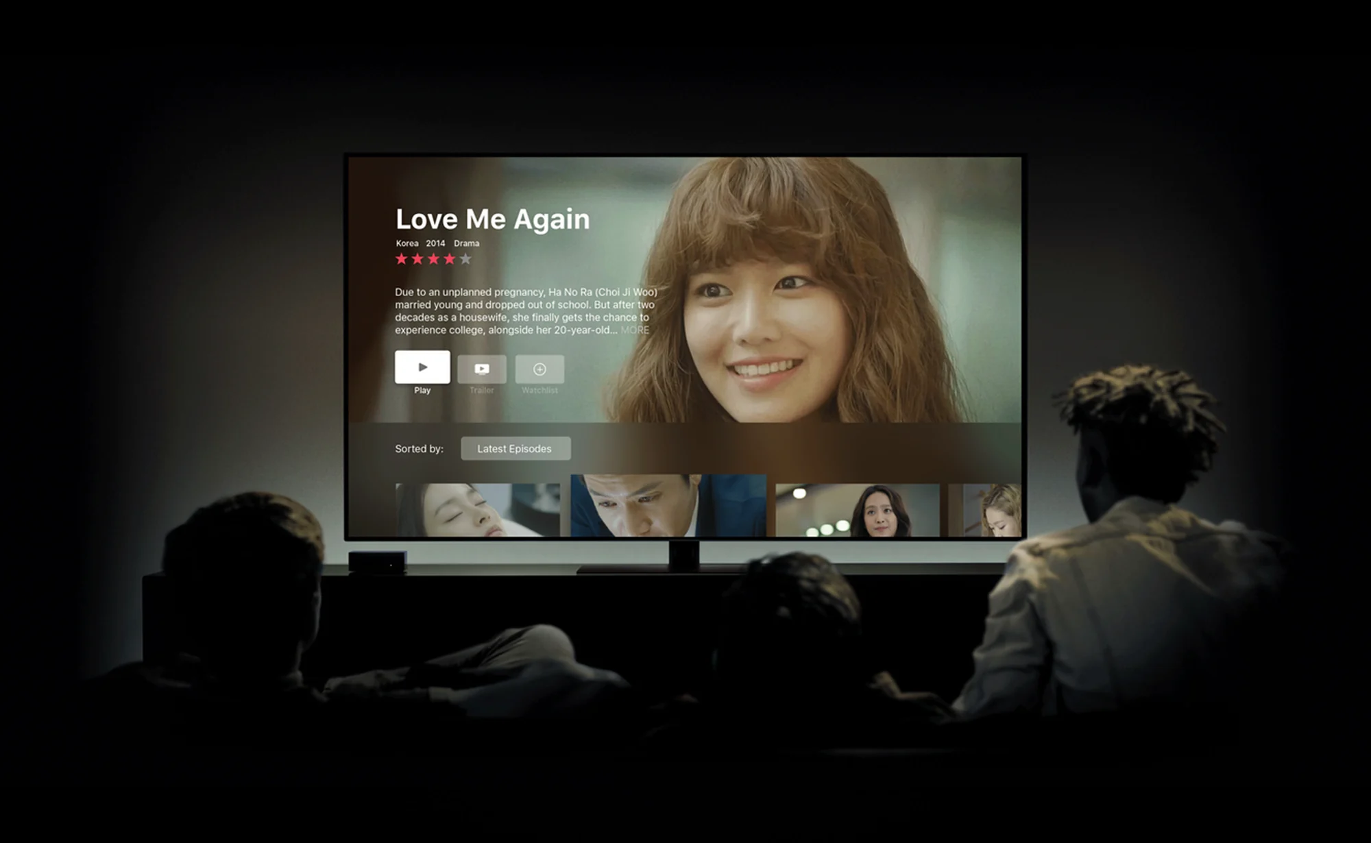 DramaFever TV app showing Love Me Again, viewed in a living room