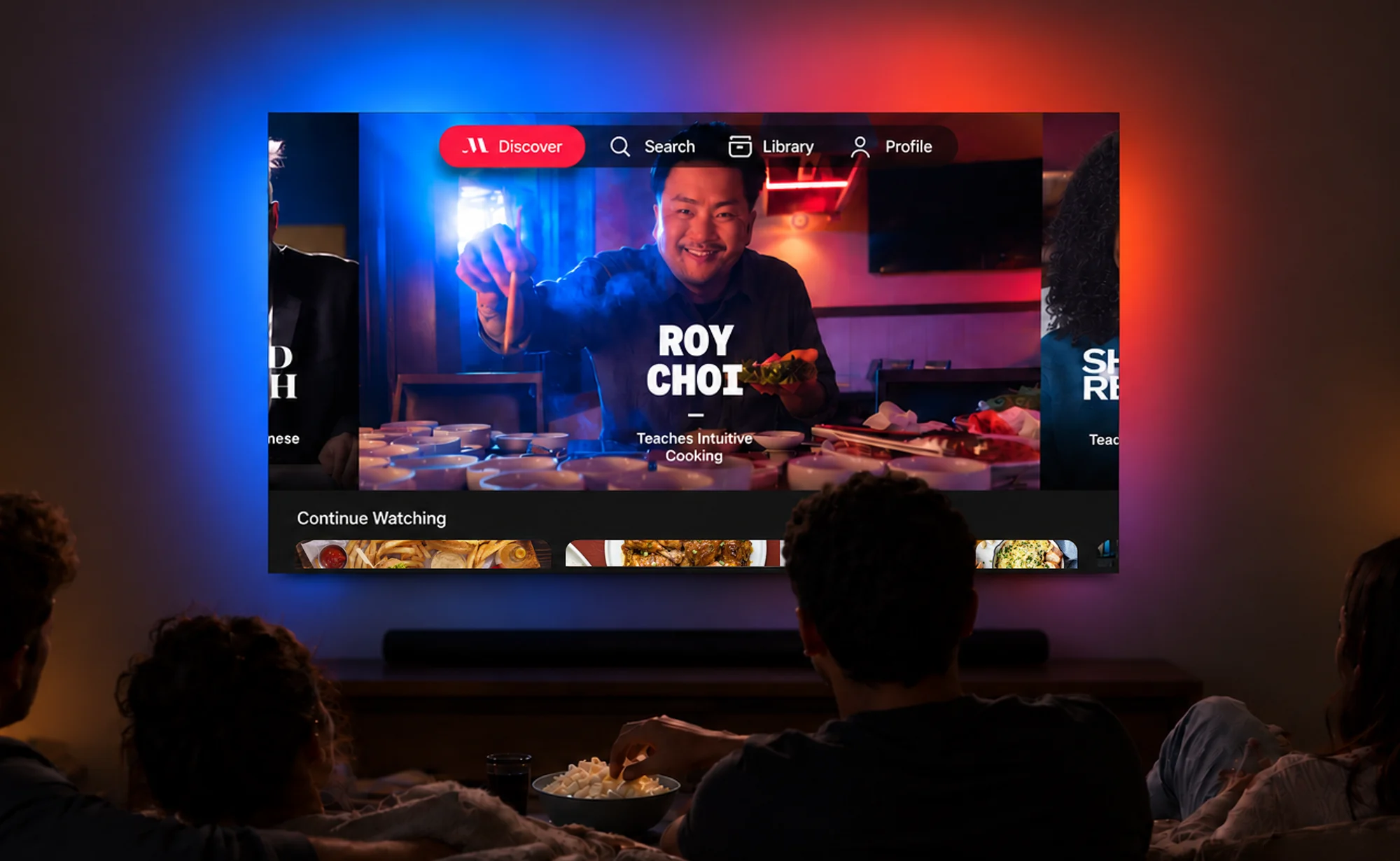 MasterClass TV app featuring Roy Choi, viewed in a living room